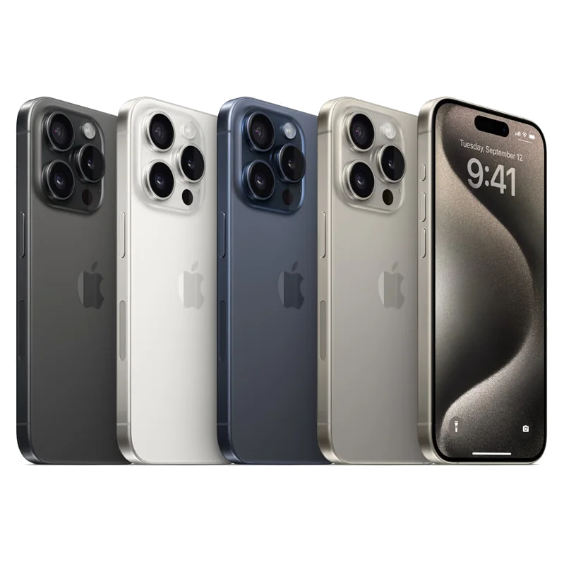 Apple iPhone 15 Pro Max in Colour lineup (Black, White, Blue, Natural Titanium)