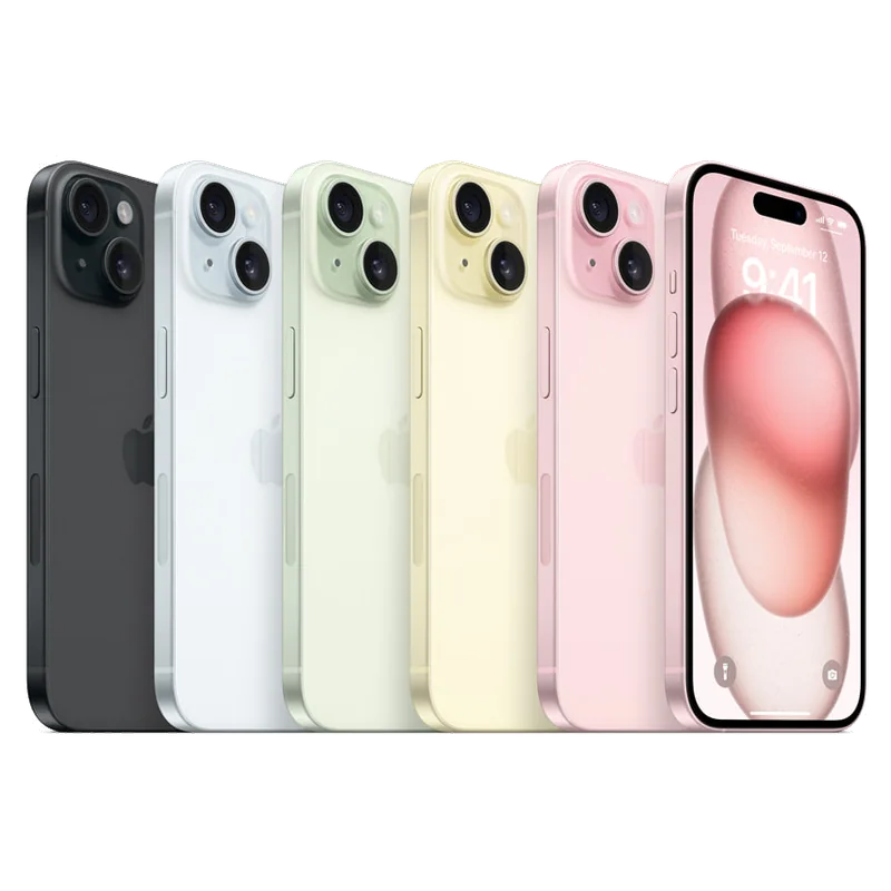 Apple iPhone 15 in Colour lineup (Black, Blue, Green, Yellow, Pink)