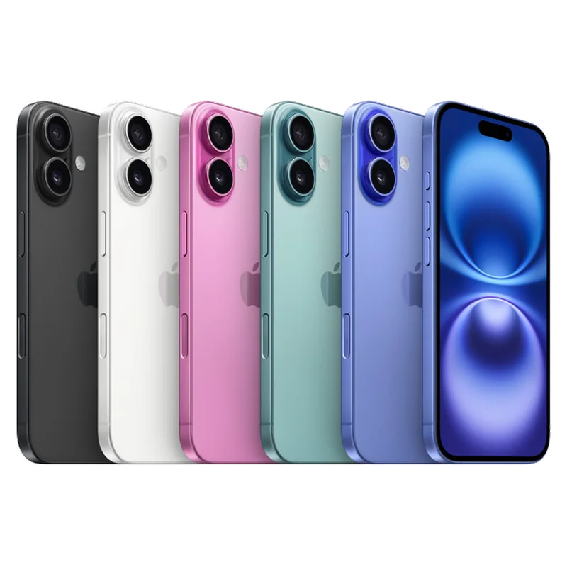 Apple iPhone 16 in Colour lineup (Black, White, Pink, Teal, Ultramarine)
